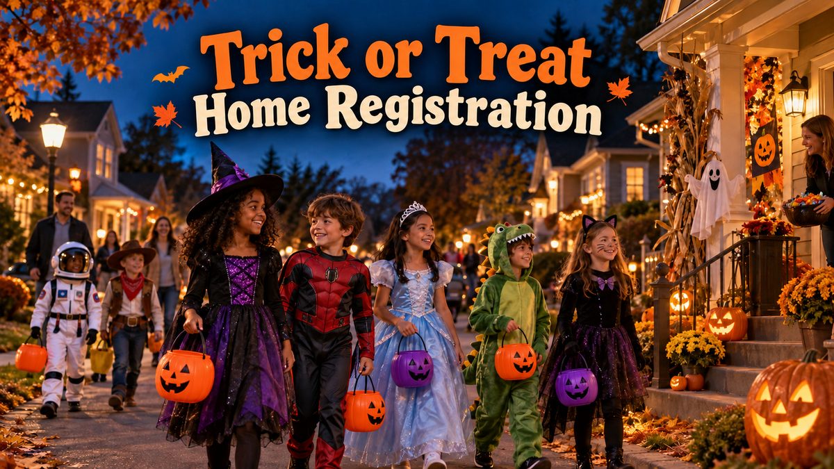 Trick-or-Treat Map 2026 in Summer Lakes: costumed children walking a decorated neighborhood street at dusk with candy buckets